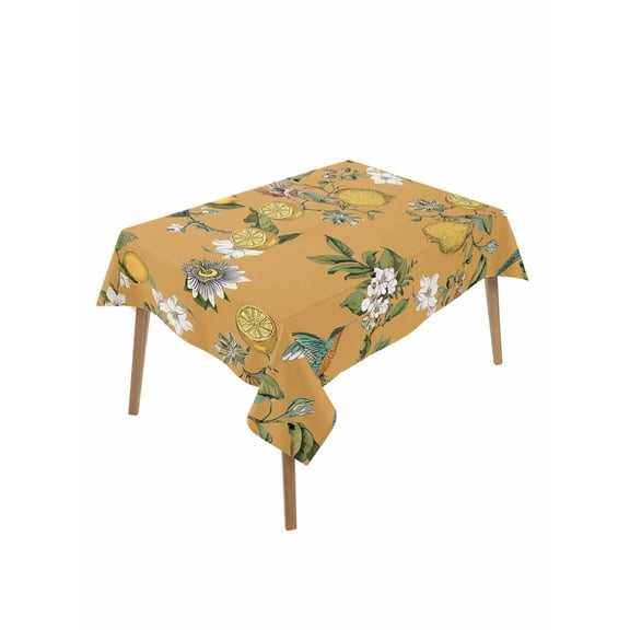Yellow Botanical Table Cloth, Waterproof Tablecloth for Rectangle Tables, Spring Floral Summer Lemon Birds Reusable Washable Fabric Table Cover for Restaurant Kitchen Dining Tables 52"x70"