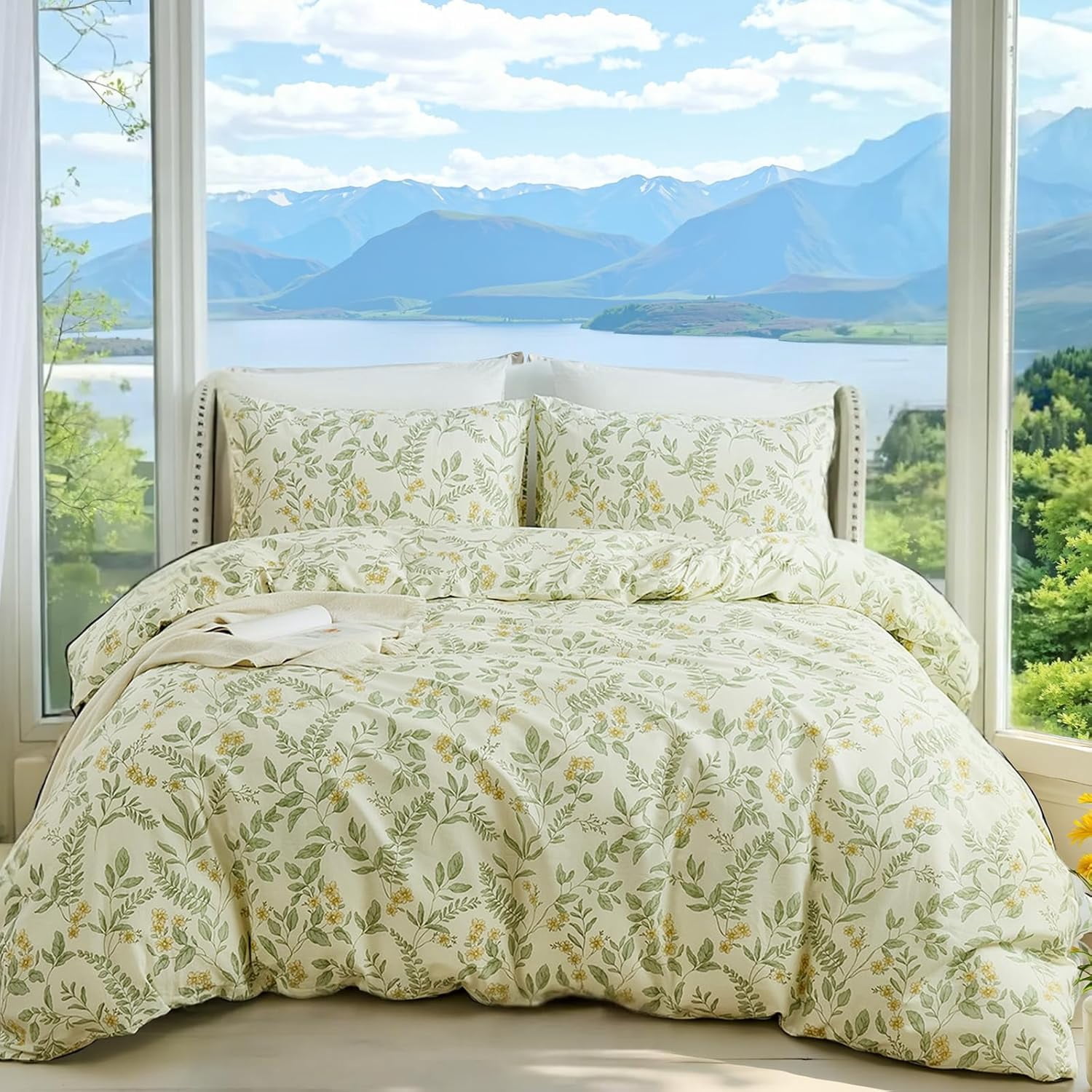 100% Nature Cotton Duvet Cover  - Vintage Reversible Green and Yellow Floral Garden Style Comforter Cover with Zipper Closure, 3 Pieces Soft & Breathable Green Bedding Set
