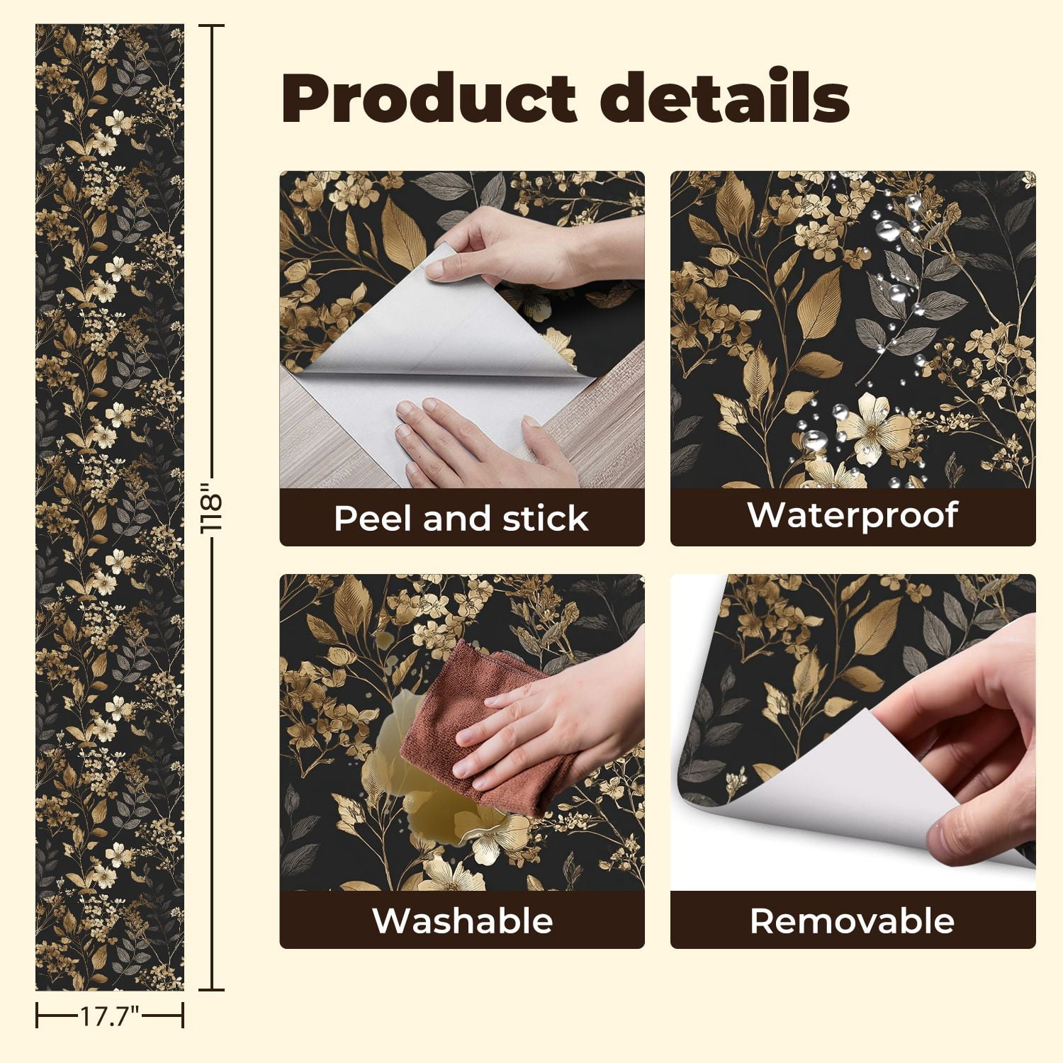 Peel and Stick Wallpaper Elegant Gold Beige Floral Black Wall Mural 17.7in x 9.8ft Self Adhesive Removable Wall Paper Renter Friendly Wallpaper for Nursery Kitchen Bedroom Cabinets