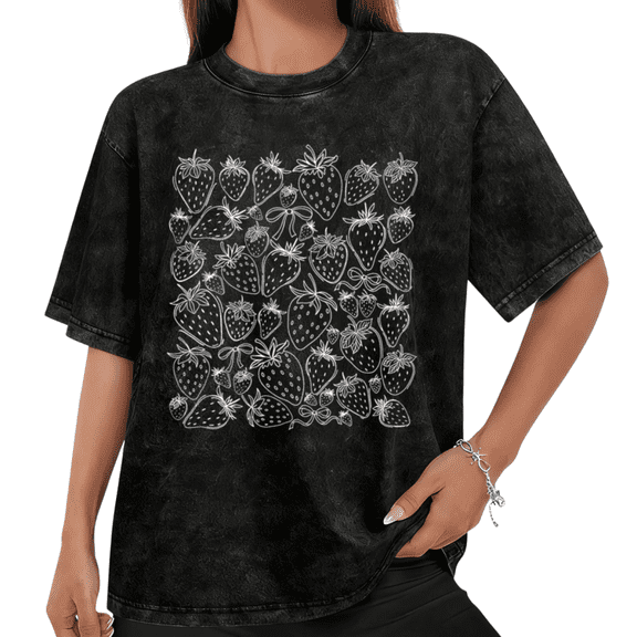 Women Casual White Strawberry Sketch Graphic Tees Cotton Crew Neck Printed T Shirt Tops Mineral Wash Black S-2XL Plus Size