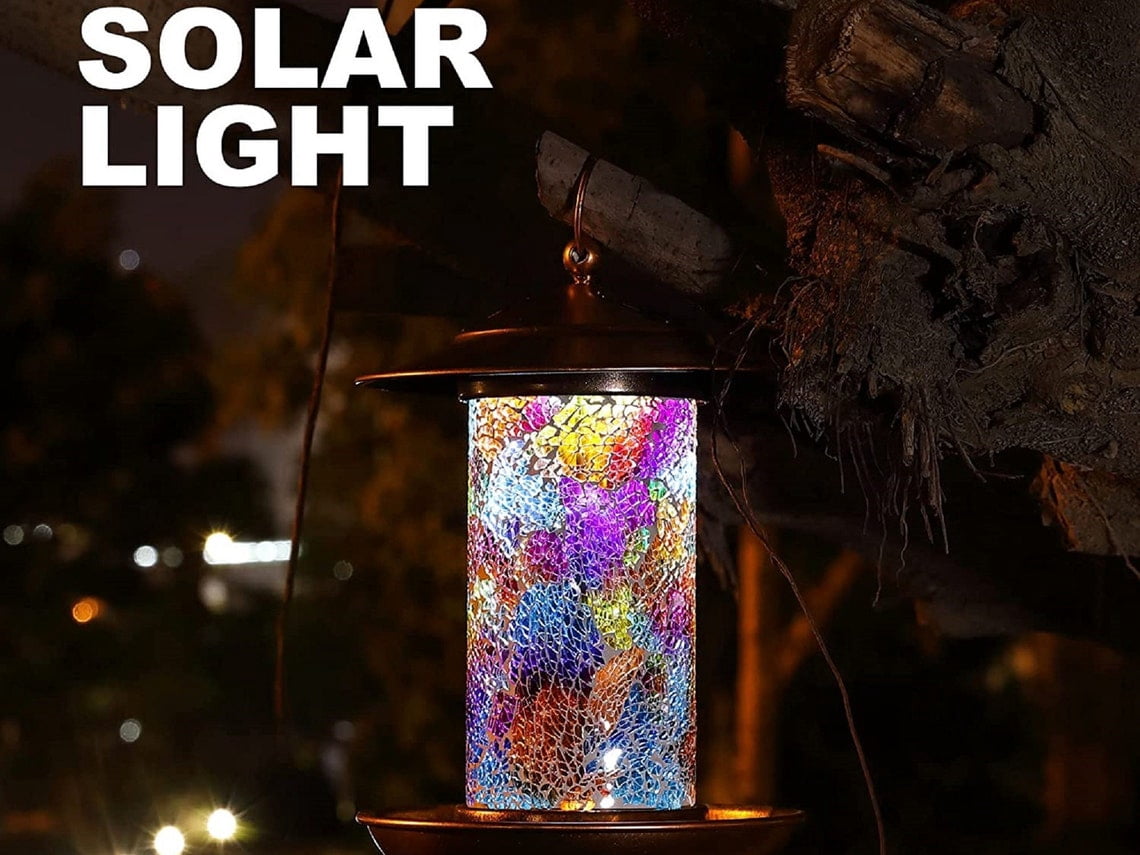 EpicGadget Outdoor Wild Birds Feeder with Fairy Solar Lights Hanging for Outside, Mosaic Lantern Design Solar Birdfeeders Hanging Lantern for Garden Yard Outdoor Decoration, Gift Ideas for Bird Lovers