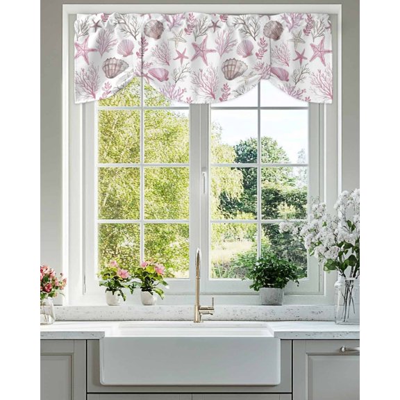 Pink Coastal Tie Up Valances Curtain, Adjustable Kitchen Summer Starfish Shell Coral Nautical Valances for Windows Decor, Rod Pocket Short Curtains Set for Bedroom/Bathroom, 42"x12"