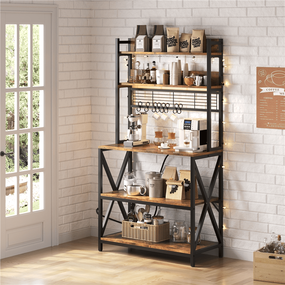 Renwick 5-Tier Industrial Kitchen Baker's Rack with Led Light and Power Outlets, Rustic Brown