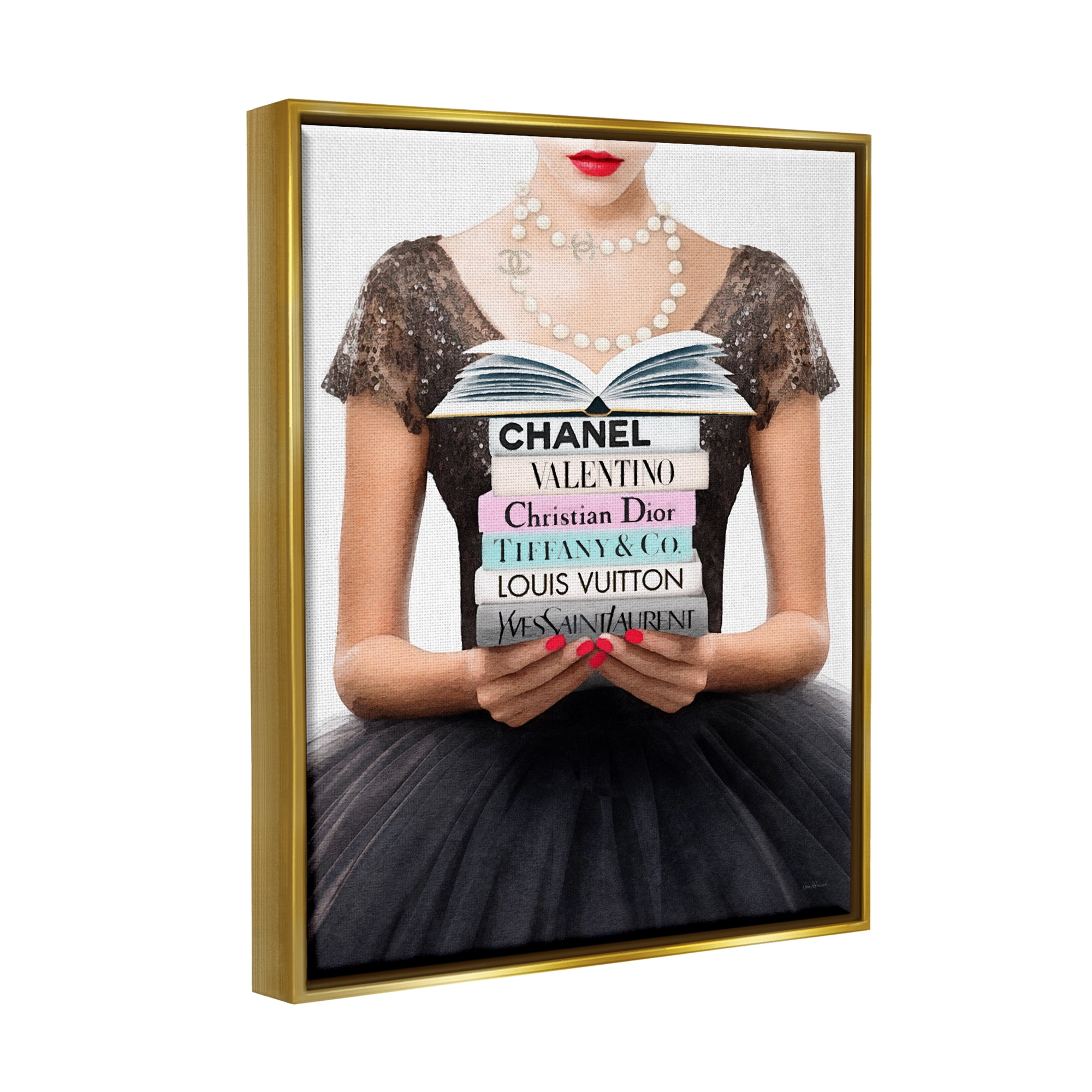 Stupell Industries Girl with Fashion Books Beauty & Fashion Painting Gold Floater Framed Canvas Art Print Wall Art, 17 x 21