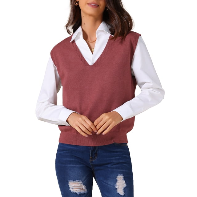 Chaleco de suéter sin mangas de cuello en V para mujer INSPIRE CHIC, clásico, tejido de punto, parte superior S color rojo oscuro