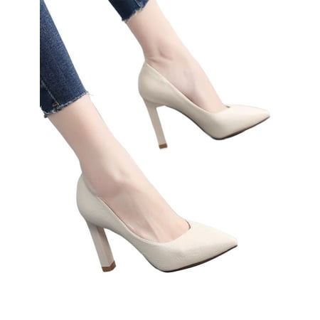 

Daeful Women Anti-Slip Block Pump Shoes Work Lightweight Office Comfort Slip On Pumps 9 cm Beige 4.5