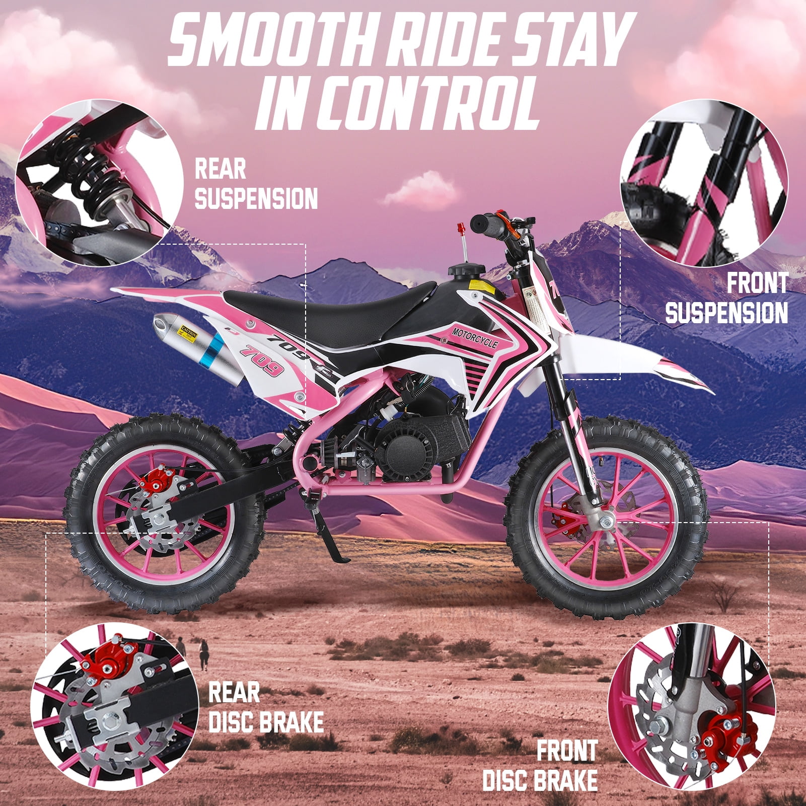 Fompes 49CC 2-Stroke Gas Powered Mini Dirt Bike Kids Dirt Bike 30KM/H Max Speed Easy Pull Start Front & Rear Disc Brakes 330LBS Capacity - Pink