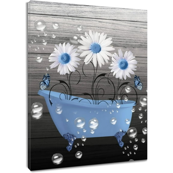 Pink Floral Canvas Wall Art for Bathroom Decor Vintage Flower and Butterfly in the Bathtub Abstract Wall Art Grey Rustic Wood Board Pictures Artwork for Bedroom Living Room 12x16 Inches