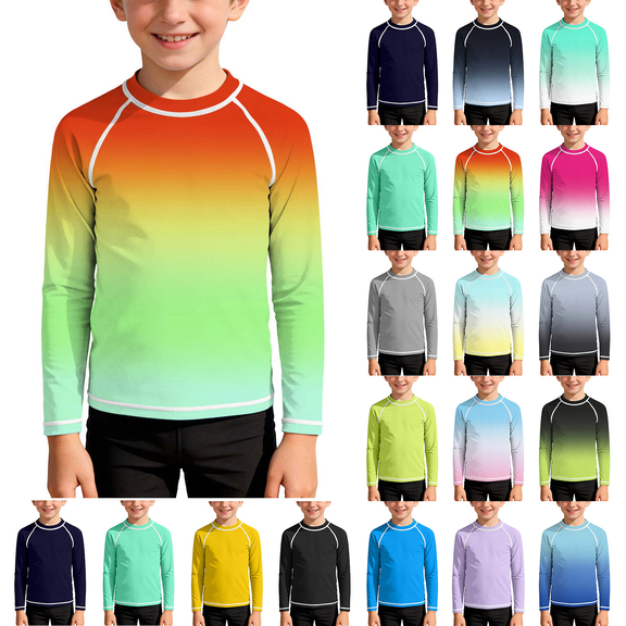 MKOSPLRT 3-14Y Boys Girls Long Sleeve Rash Guard Ombre Gradient Sun Protection Quick Dry Swim Shirt for Beach