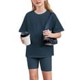 thumbnail image 5 of Jalioing Girls 2 Piece Outfits Solid Color Short Sleeve Crew Neck T Shirt and Biker Shorts Set Kids Clothes, 5 of 9