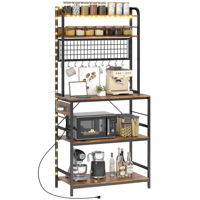 CoSoTower Kitchen Baker's Rack with Power Outlet and LED Light, 5-Tier Coffee Bar Station with 10 Hooks, Rustic Brown