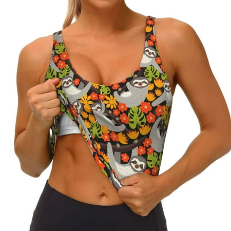 Qokaie Sloth on the Branch Pattern Womens Scoop Neck Sports Bra Breathable Workout Vest Padded U Back Medium Impact Fitness Gym Yoga Bra Workout Crop Top