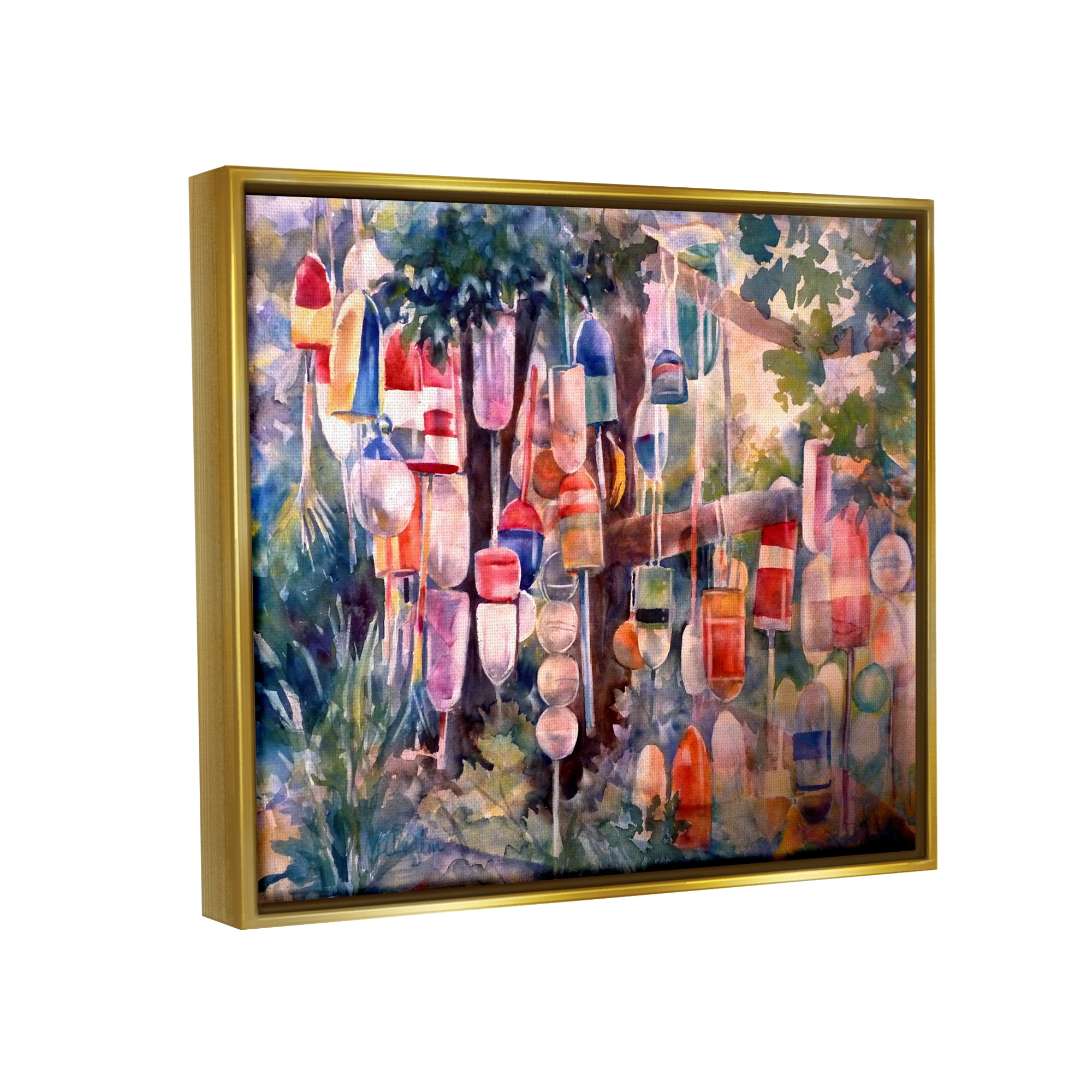 Stupell Industries Maritime Buoys on Tree Nature Painting Gold Floater Framed Art Print Wall Art, 21 x 17