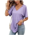 thumbnail image 3 of Kinrui Womens Short Sleeve Hooded T-Shirts Casual V Neck Loose Fit Lightweight Solid Color Pullover Top Purple 2XL, 3 of 8