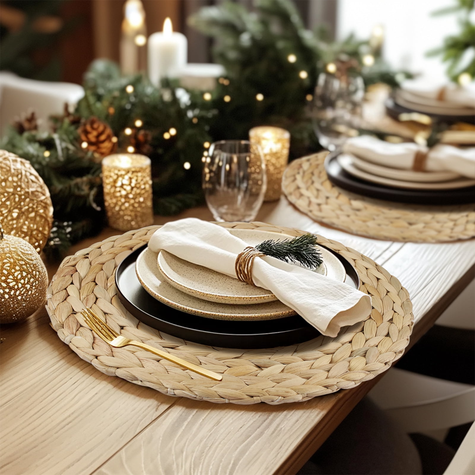 6 Pack Round Woven Placemats Natural Water Hyacinth Wicker Place mats Braided Straw Table Mats Charger Plates for Dining Table, Fall, Thanksgiving, Christmas (11.8 inch)
