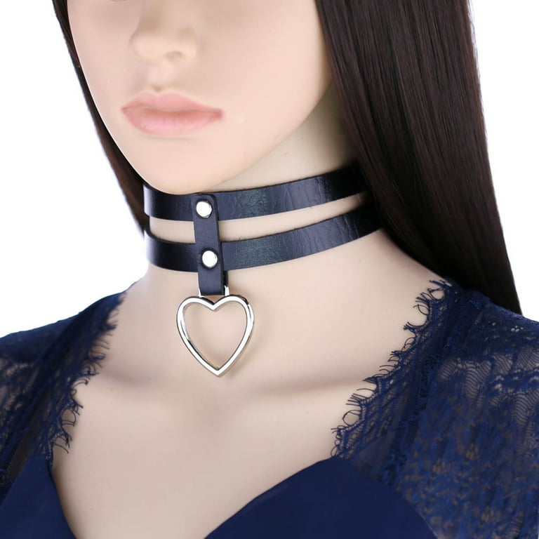 Punk Choker 2 Layers: Heart-shape Ring Goth Collar Necklace Faux Leather Choker, Women's, Size: One size, Black