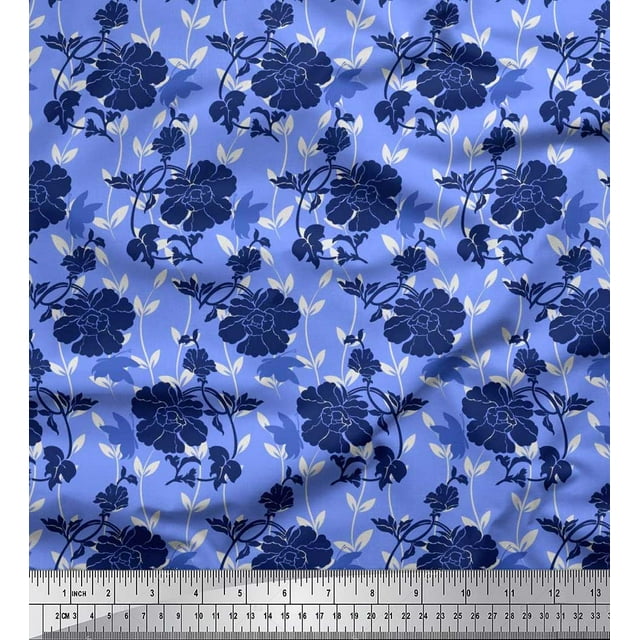 Soimoi Blue Rayon Fabric Leaves,Insect & Floral Artistic Print Fabric by Yard 42 Inch Wide