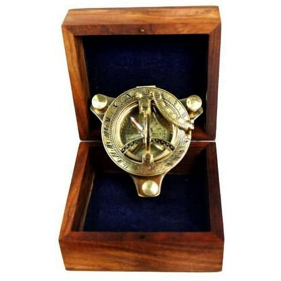 NauticalMart 3" Sundial Compass - Brass with Wood Box