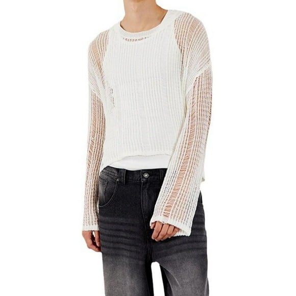 Fengqque Men's Crochet Knit Sheer Tops Party Club Hollow Out Long Sleeve Crew Neck Sweaters White XXXL(XXXL)
