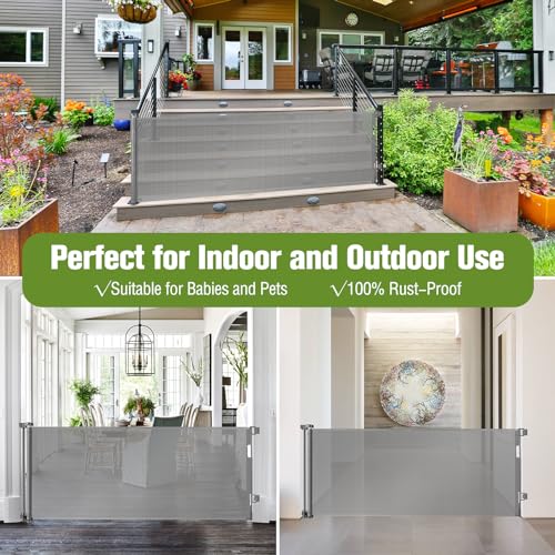 Retractable Baby Gates 65" Wide Baby Gate for Stairs Retractable Dog Gate Indoor Mesh Pet Gate Outdoor Retractable Gate Stair Gates for Kids or Pets Child Gate Dog Gates for Doorways, Decks, Gray