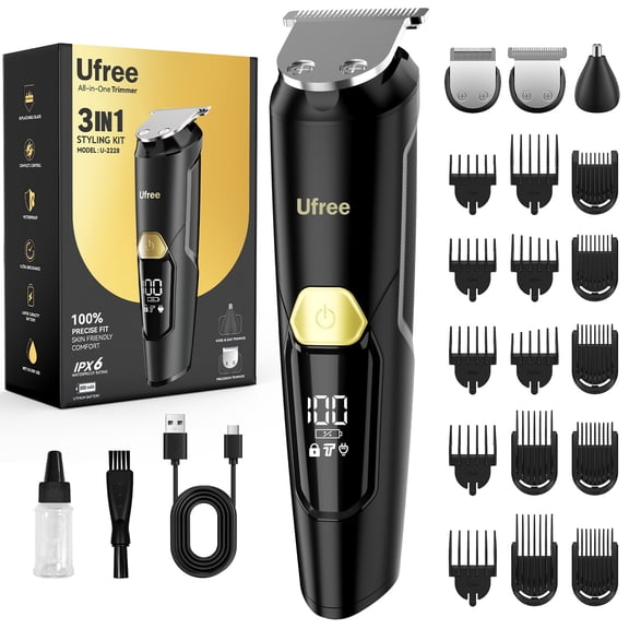 Ufree 3-in-1 Beard Trimmer for Men, IPX6 Waterproof Men's Electric Razor Shaver, Hair Mustache Trimmer Professional Clippers, Type-C Body Grooming Kit, Birthday Gifts for Him