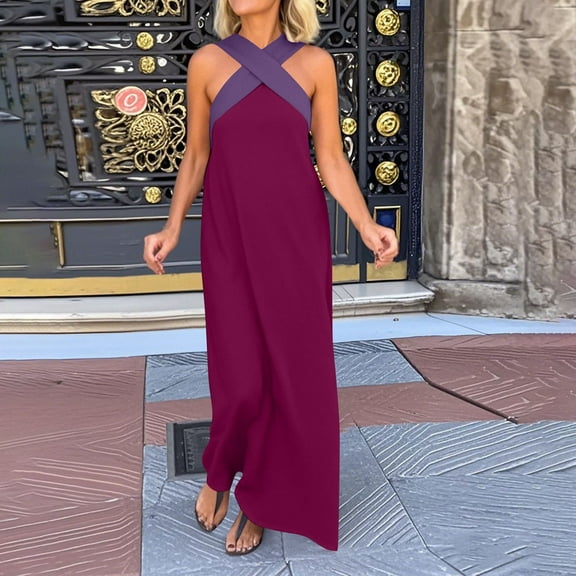 GaThRRgYP Women's Boho Floral Print Sleeveless V-Neck Summer Dress,Women's Fashion Sleeveless Back Dress Purple S