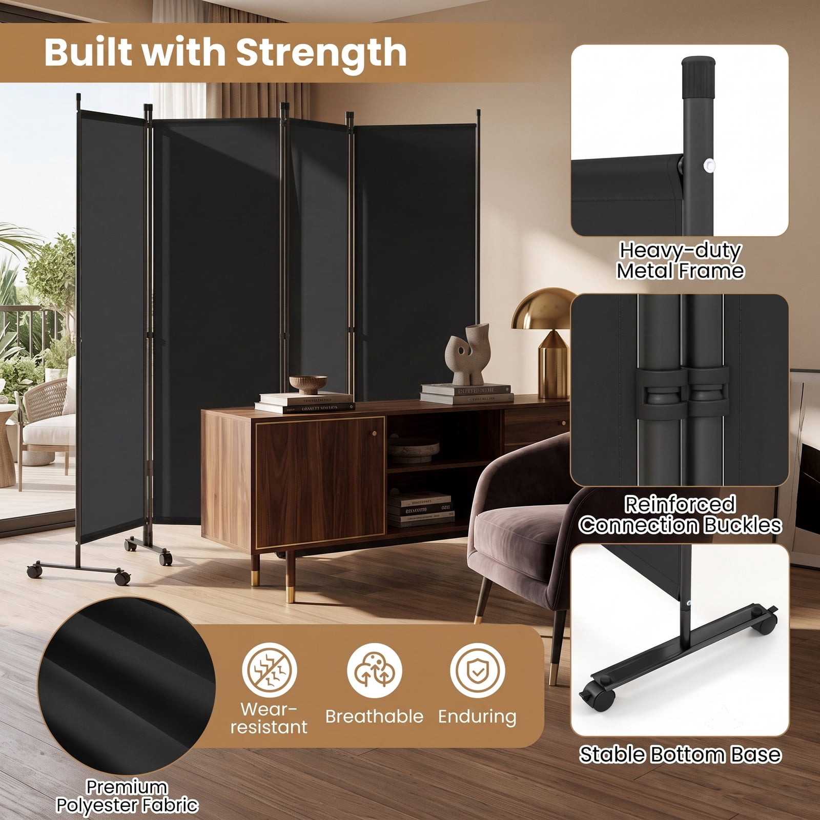 ALPULON 4-Panel Room Divider Freestanding Privacy Screen with 10 Lockable Wheels, Foldable Polyester Fabric Partition with Heavy-Duty Metal Frame for Living, Black