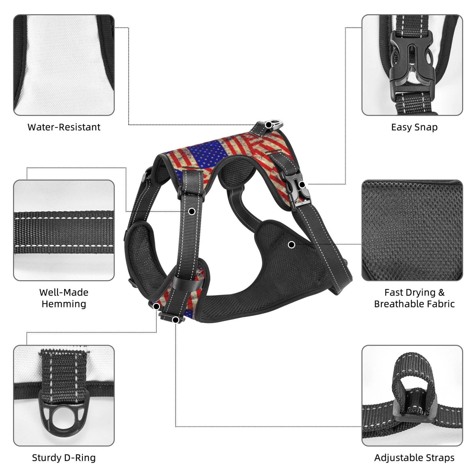 Fuzoiu Vintage USA Flag Print Reflective Dog Harness,Adjustable, Breathable Pet Vest,Dog Harness No Pull,No Choke Pet Vest for Small, Medium, and Large Dogs-Small