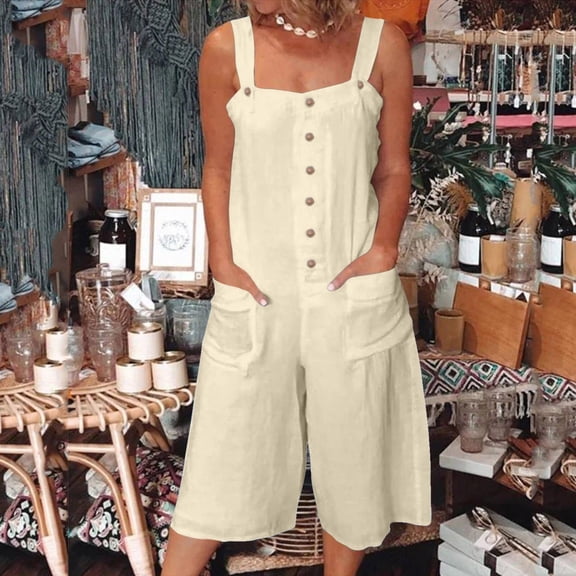 Women Loose Casual Jumpsuits Linen Wide Leg Jumpsuits Bib Pants Baggy Rompers Overalls With Pockets Dress for Women New Years Eve Jumpsuit Women New Jumpsuits for Women Juniors Jumpsuits Formal Short