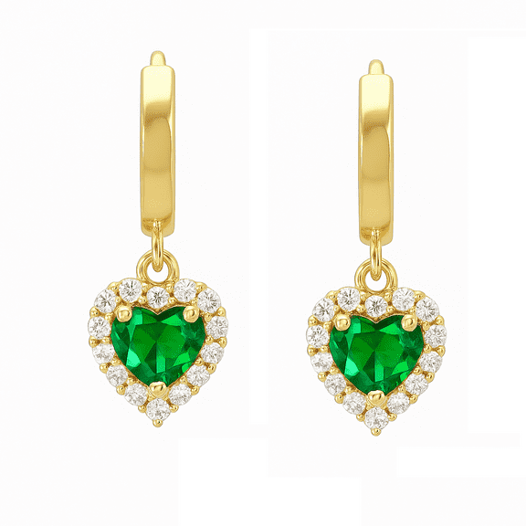 14K Yellow Gold Emerald Heart Dangle Huggie Hoop Earrings in Gold