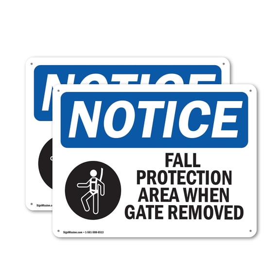 (2 Pack) Fall Protection Area When Gate Removed OSHA Notice Sign 10 Inch X 7 Inch Indoor / Outdoor Rust-Free Aluminum Metal Signs for Workplace, Workshop, and Construction Site, Made in