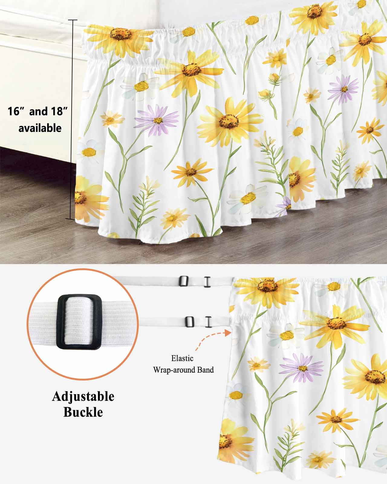Yellow Daisy Flowers Leaf Bed Skirt King Size 18" Drop Simple Style Watercolor Nature Ruffled Wrap Around Bed Skirts Adjustable Elastic Bedskirt Dust Ruffle for King Size Bed