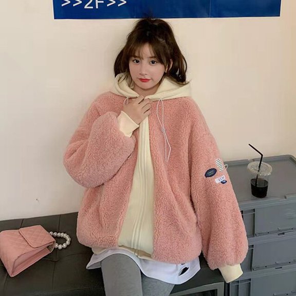 PIKADINGNIS Pink Zipper Lamb Wool Women Coat Fake Two-piece Warm Plush Loose Overcoat Female Winter Thicken Casual Hoodeds Top