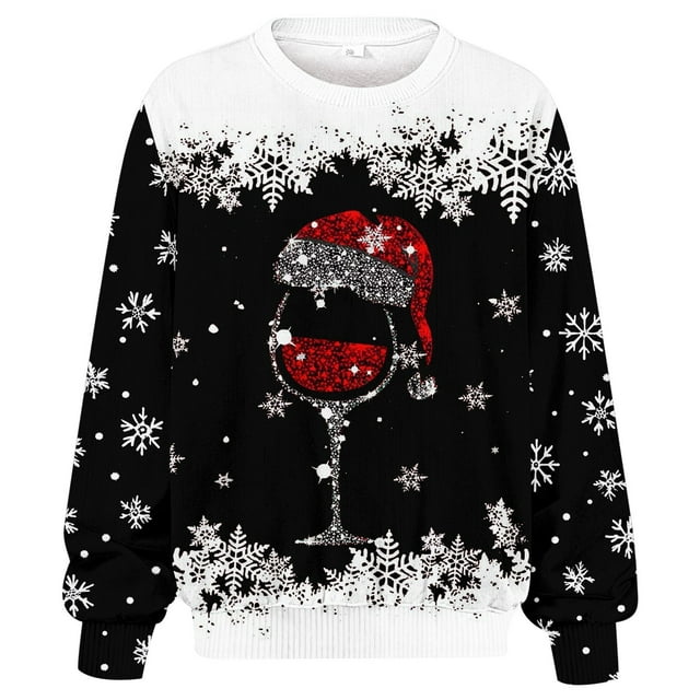 FYEGRE Plus Size Winter Crew Neck Textured Full Print Long Sleeve Sweatshirt Comfortable Relaxed Fit Pullover For Casual Wear Cold Season Layering Black S