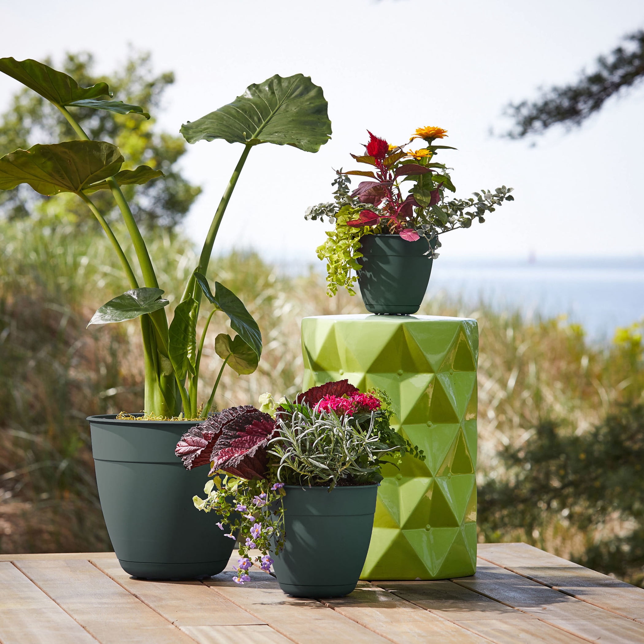 Bloem Dayton 20" Plastic Planter - 100% Recycled Plastic Indoor/Outdoor Garden Pot with Drainage Holes & Saucer Tray, Turtle Green