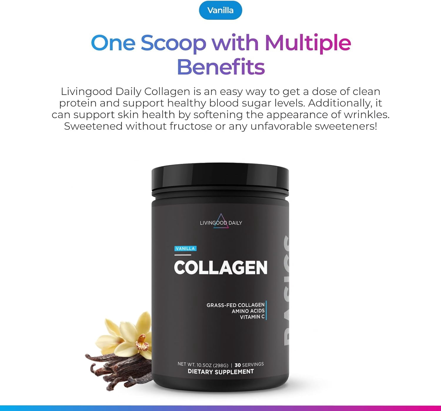 Livingood Daily Vanilla Collagen Powder for Women & Men, Hydrolyzed Collagen Peptides Powder with Vitamin C, Protein with 20 Amino Acids, Type I & III, Grass Fed, Keto, Paleo, Gluten Free, 30 Srvgs