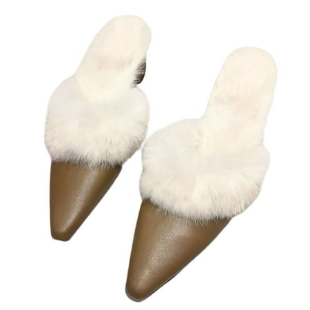 

huanledash Women Non-Slip Thick Heel Closed Pointed Toe Slip-on Plush Mules Slippers Shoes