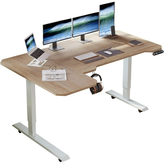 L-Shaped 59" Height Adjustable Electric Standing Desk,Height Stand Up Computer Desk,Sit and Stand Home Office Desk with Splice Board (Oak Top, White Frame)