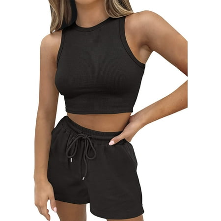 

QWZNDZGR Women s Waffle Knit Sleeveless Crop Top and Shorts Pullover Tracksuits Sweatsuits Lounge Pajama Set with Pockets