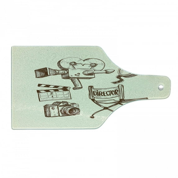 Movie Theater Cutting Board, Photography and Cinema Vintage Set in Sketch Art Style Director Shooting, Tempered Glass Cutting and Serving Board, Wine Bottle Shape, Beige Brown, by Ambesonne