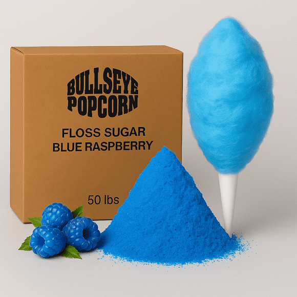 Boite de 50 lbs de Sucre à Barbe à Papa Bullseye Popcorn à Saveur de Framboise bleue