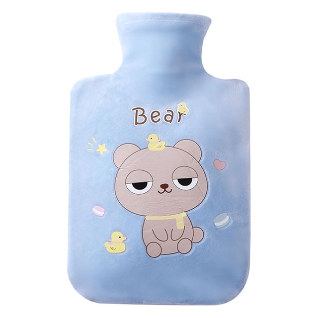 Bolsa de botella de agua caliente de felpa linda Llenado de agua Compresa cálida engrosada Calentador de cama de regalo de suave para mano Cintura , Azul 500ml Salvador Biberón Calentador