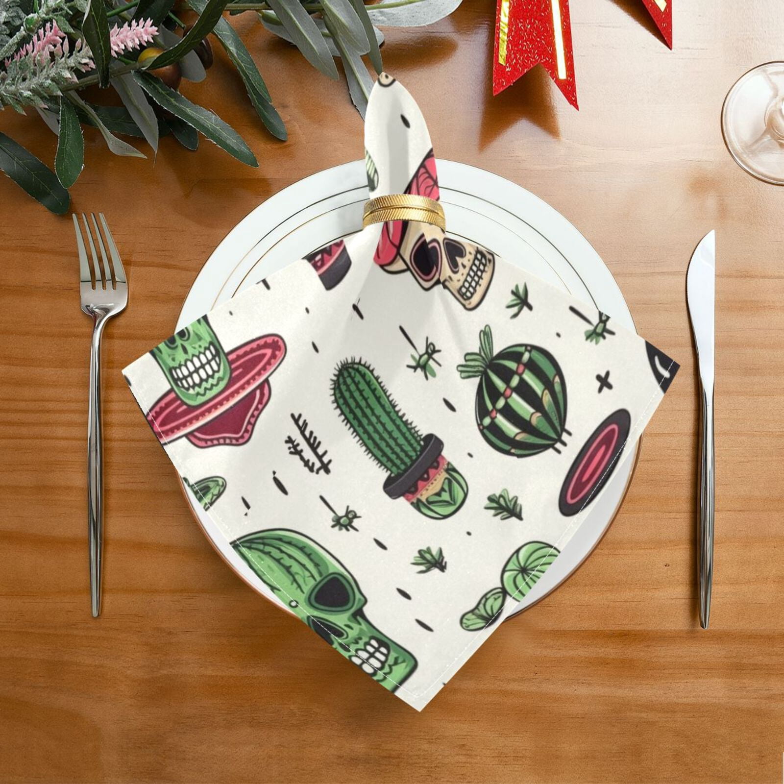 JSTEL Skull Cactus Cloth Napkins Set of 6, 20x20 Inch Washable and Reusable Napkin for Decoupage Dinner Party Everyday Use