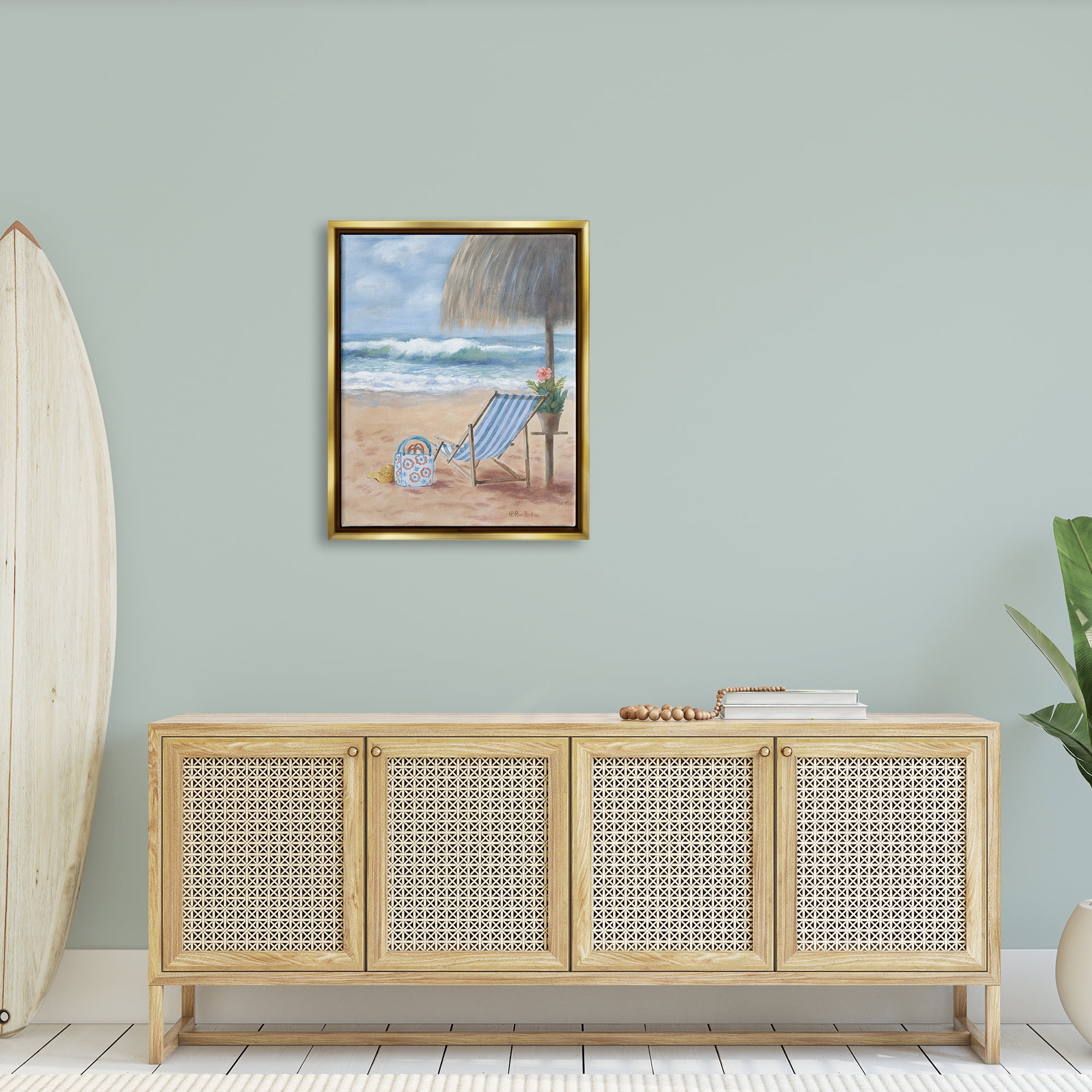 Stupell Beach Chair Tropical Relaxing Vacation Landscape Painting Gold Floater Framed Art Print Wall Art