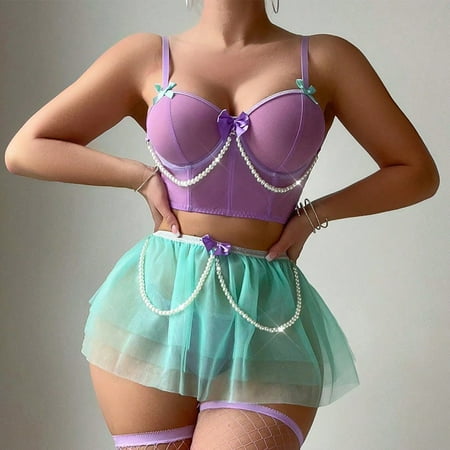 Generic Bead Necklace Bow Bra Sexy Lace Skirt T-Back Three-Piece Sexy Lingerie