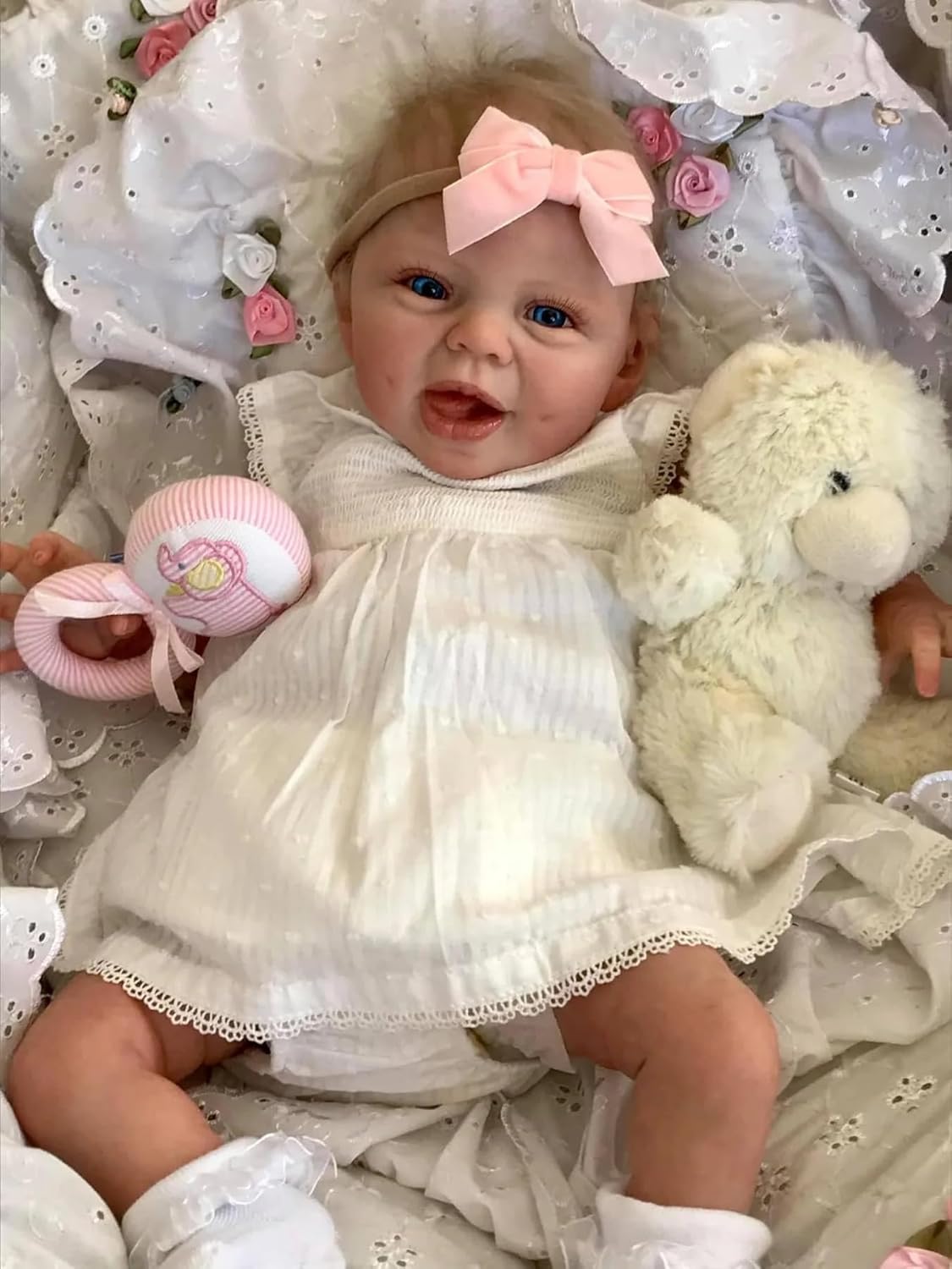 22 Inch Reborn Dolls Realistic Newborn Babies Cute Happy Dolls Looks Real Life Lifelike Baby Doll Soft Cloth Body Weighted Doll Blonde Hair for Gift