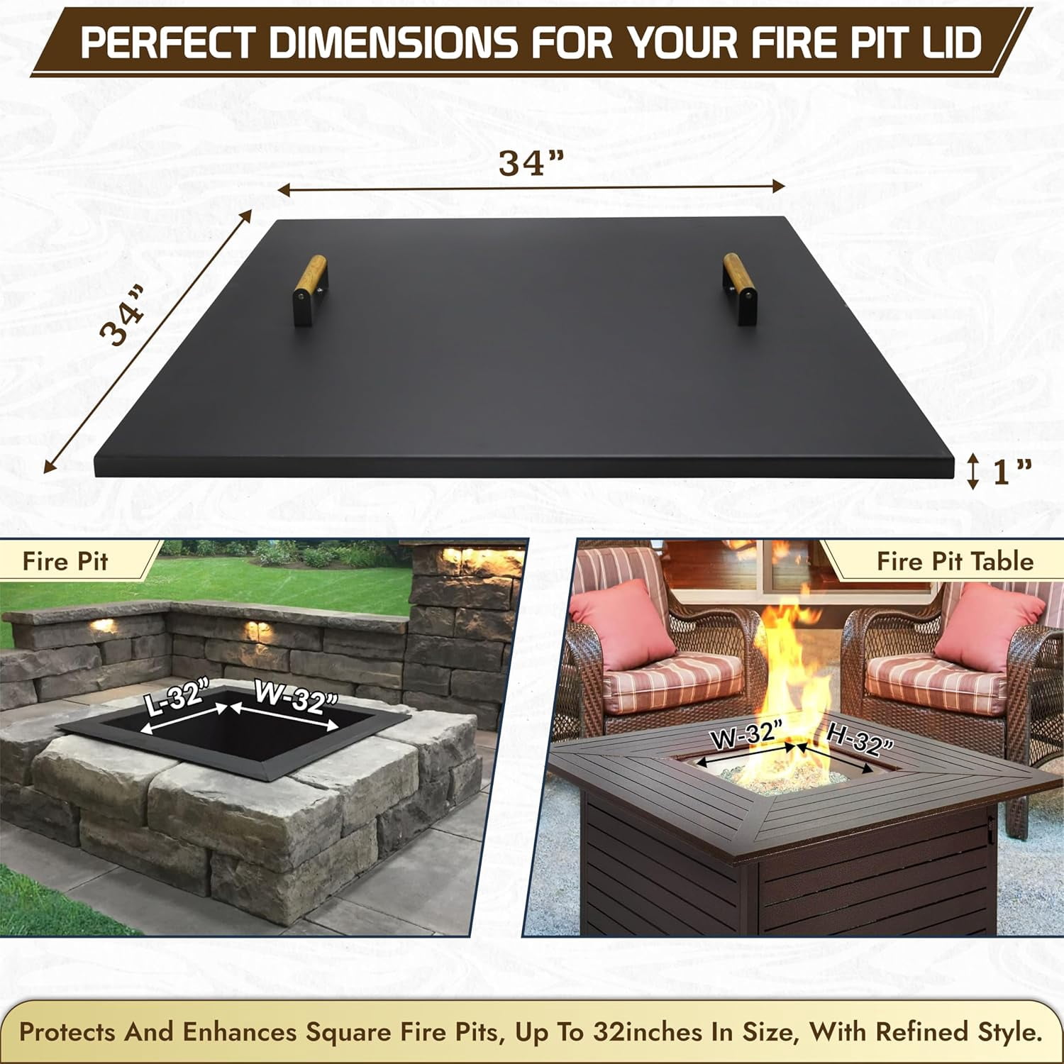 Febtech -34" Square Fire Pit Snuffer Lid - Carbon Steel Fire Pit Pan Lid for 32" FirePit- Steel Cover with Wooden Handles FirePit Shield for Outdoor Burner Cover Camping Accessories