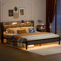 Tydimor King Size Metal Smart Bed Frames with Upholstered Headboard, LED Lights, USB Ports and Outlets, Storage Shelves & Underbed