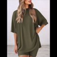 thumbnail image 4 of Traje Casual de Dos Piezas para Mujer, Camisa Holgada de Verano, Pantalones Cortos de Ciclismo, Ropa de Viaje para el Aeropuerto. Verde L, 4 of 8