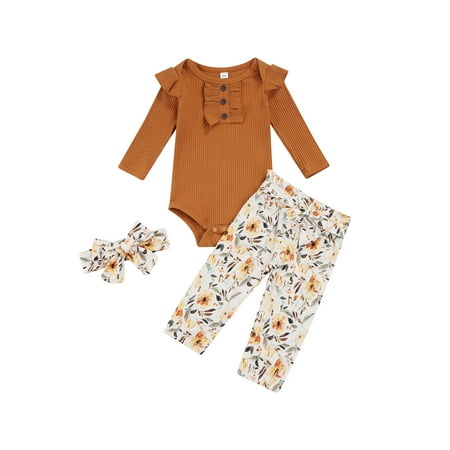 

Canrulo 3pcs Infant Baby Girls Clothes Fly Sleeve Solid Romper Tops Floral Printed Pants Headband Set Brown 12-18 Months